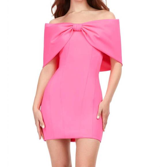 NEW ASHLEYLAUREN oversized off shoulder bow detail cocktail dress in hot pink